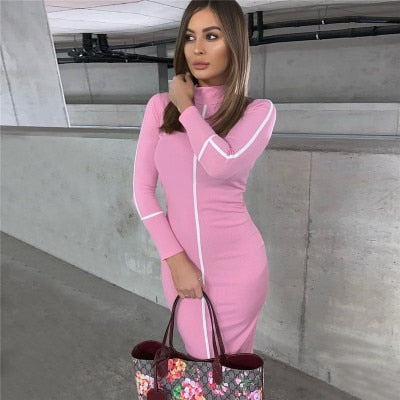 Simenual Casual Bodycon Women Long Dress Fashion Full Sleeve Striped Patchwork Dresses Fashion Turtleneck Ladies Skinny Dresses
