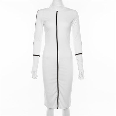 Simenual Casual Bodycon Women Long Dress Fashion Full Sleeve Striped Patchwork Dresses Fashion Turtleneck Ladies Skinny Dresses