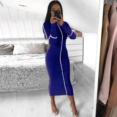 Simenual Casual Bodycon Women Long Dress Fashion Full Sleeve Striped Patchwork Dresses Fashion Turtleneck Ladies Skinny Dresses