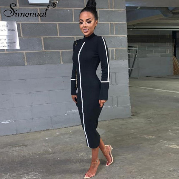 Simenual Casual Bodycon Women Long Dress Fashion Full Sleeve Striped Patchwork Dresses Fashion Turtleneck Ladies Skinny Dresses