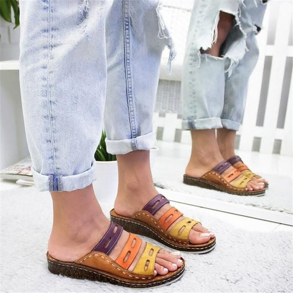 Women Slippers Mixed Color Shoes Hollow Wedges Platform Flat Sole Beach Mules Ladies Slides Party Sandals Zapatos Mujer Kf61