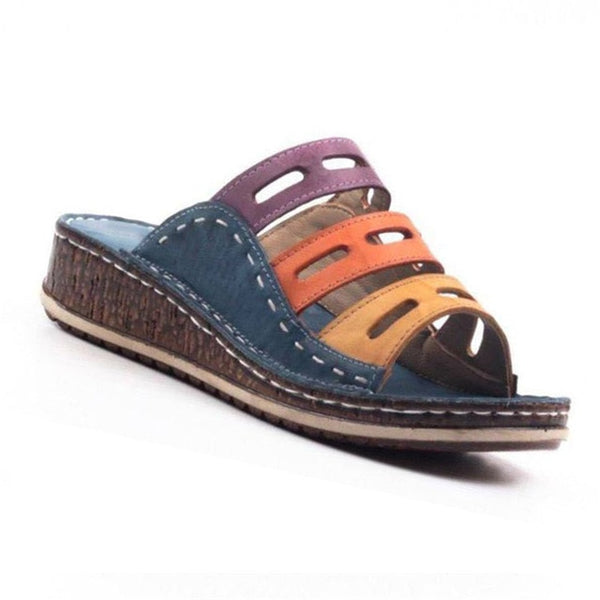 Women Slippers Mixed Color Shoes Hollow Wedges Platform Flat Sole Beach Mules Ladies Slides Party Sandals Zapatos Mujer Kf61