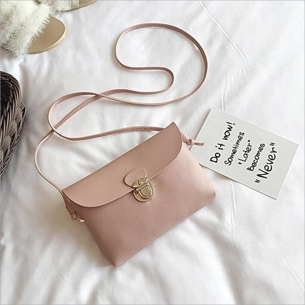 Simple Pure Color Women Mini Lock Flap Messenger Bag PU Leather Girls Casual Shoulder Bags Female Small Handbags