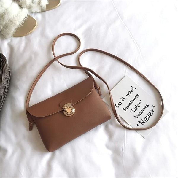 Simple Pure Color Women Mini Lock Flap Messenger Bag PU Leather Girls Casual Shoulder Bags Female Small Handbags