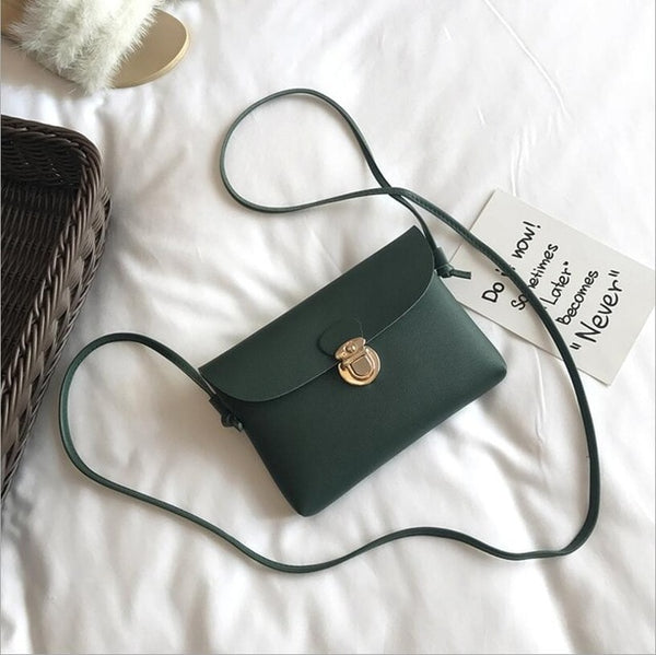 Simple Pure Color Women Mini Lock Flap Messenger Bag PU Leather Girls Casual Shoulder Bags Female Small Handbags
