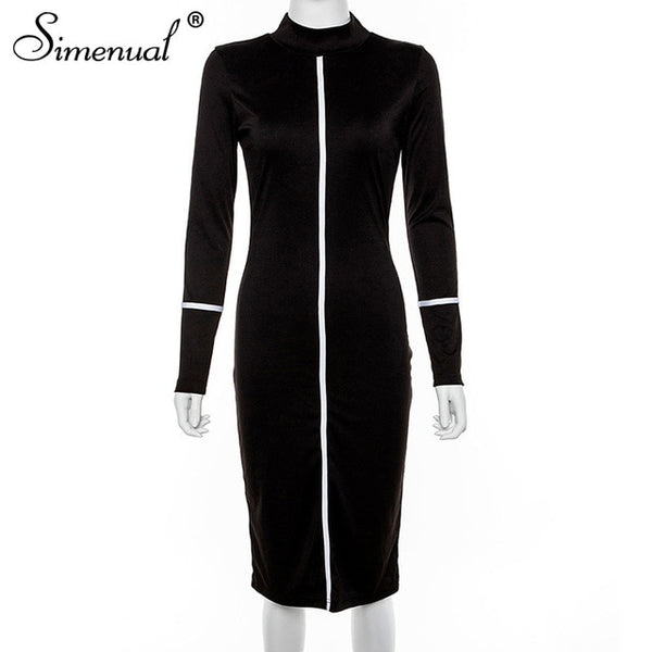 Simenual Casual Bodycon Women Long Dress Fashion Full Sleeve Striped Patchwork Dresses Fashion Turtleneck Ladies Skinny Dresses