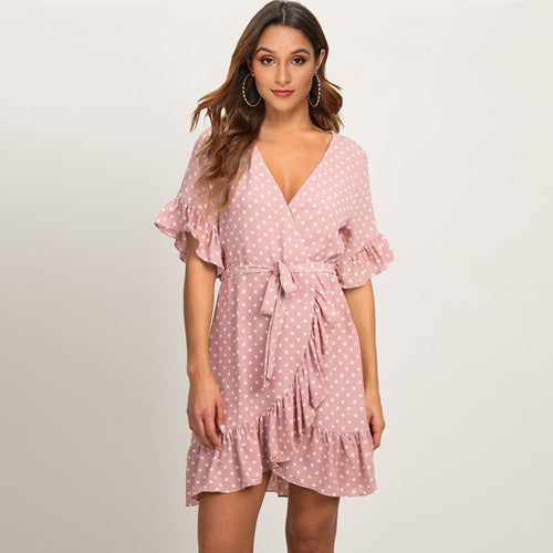 Summer Dress 2019 Boho Style Beach Dress Fashion Short Sleeve V-neck Polka Dot A-line Party Dress Sundress Vestidos