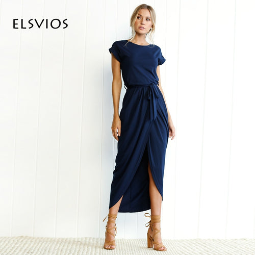ELSVIOS 6 Colors Boho Split Long Dress Fashion Women O-Neck Maxi Dress Summer Short Sleeve Solid Dress With Belt Vestidos XS-3XL