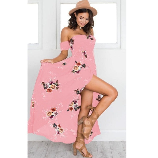 ELSVIOS Women Off Shoulder Floral Print Boho Dress Fashion Beach Summer Dresses Ladies Strapless Long Maxi Dress Vestidos XS-5XL