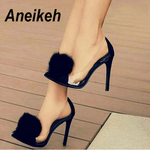 Aneikeh Clear PVC Transparent Pumps Slip-On Thin Heel High Heels Point Toes Womens Party Shoes Nightclub Pumps Black Size 35-40