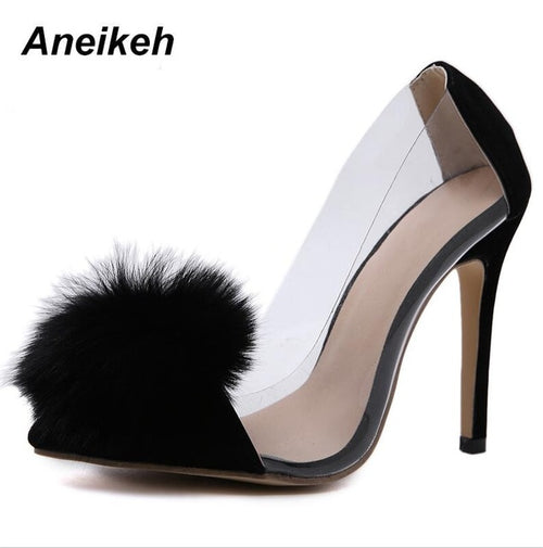 Aneikeh Clear PVC Transparent Pumps Slip-On Thin Heel High Heels Point Toes Womens Party Shoes Nightclub Pumps Black Size 35-40