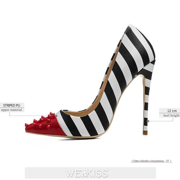 WETKISS Studded High Heels 12cm Stilettos Women Pointed Toe Rivet Ladies Party Pumps Zebra Shallow Colorful Shoes Woman 34-45
